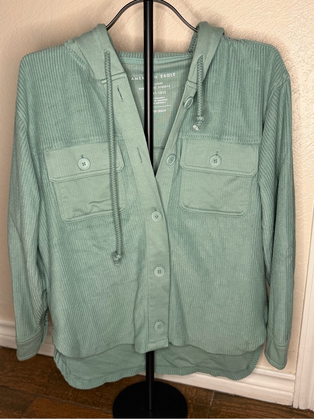 American Eagle Sage Green Ribbed Hooded Top